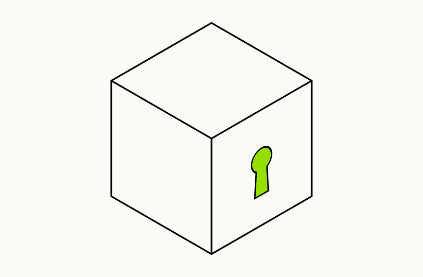 Isometric line drawing of a sealed box with a brand-green keyhole, the glossary specimen for limiting beliefs.