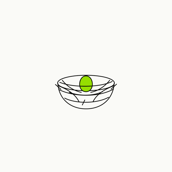 Isometric line drawing of a bird's nest with a single brand-green egg inside, the glossary specimen for non-nurturing elements.