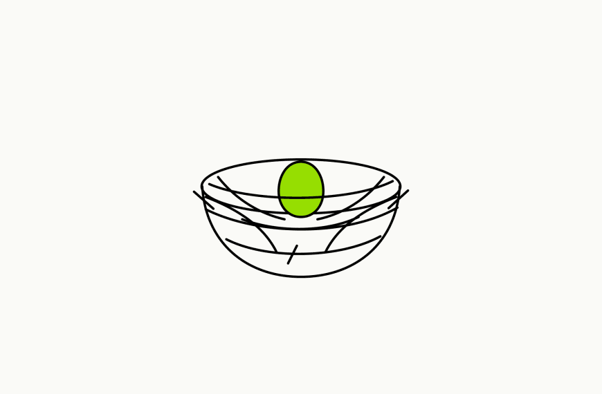 Isometric line drawing of a bird's nest with a single brand-green egg inside, the glossary specimen for non-nurturing elements.