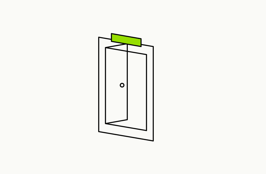 Isometric line drawing of an open door with a brand-green EXIT sign above it, the glossary specimen for opt-out behaviour.