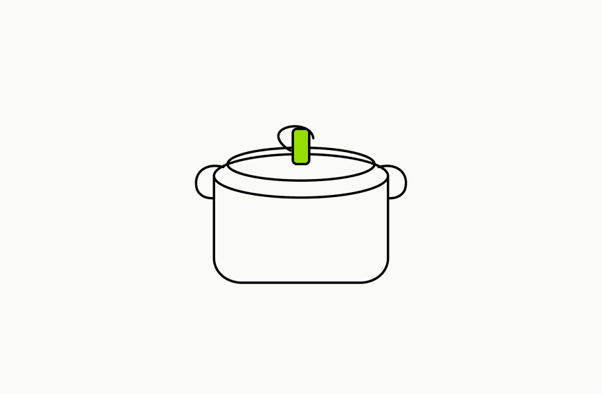 Isometric line drawing of a stovetop pressure cooker with a brand-green release valve, the glossary specimen for the pressure cooker.