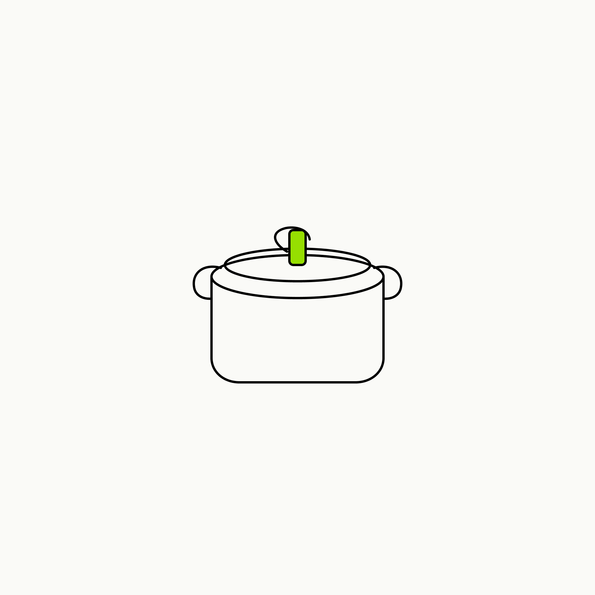Isometric line drawing of a stovetop pressure cooker with a brand-green release valve, the glossary specimen for the pressure cooker.