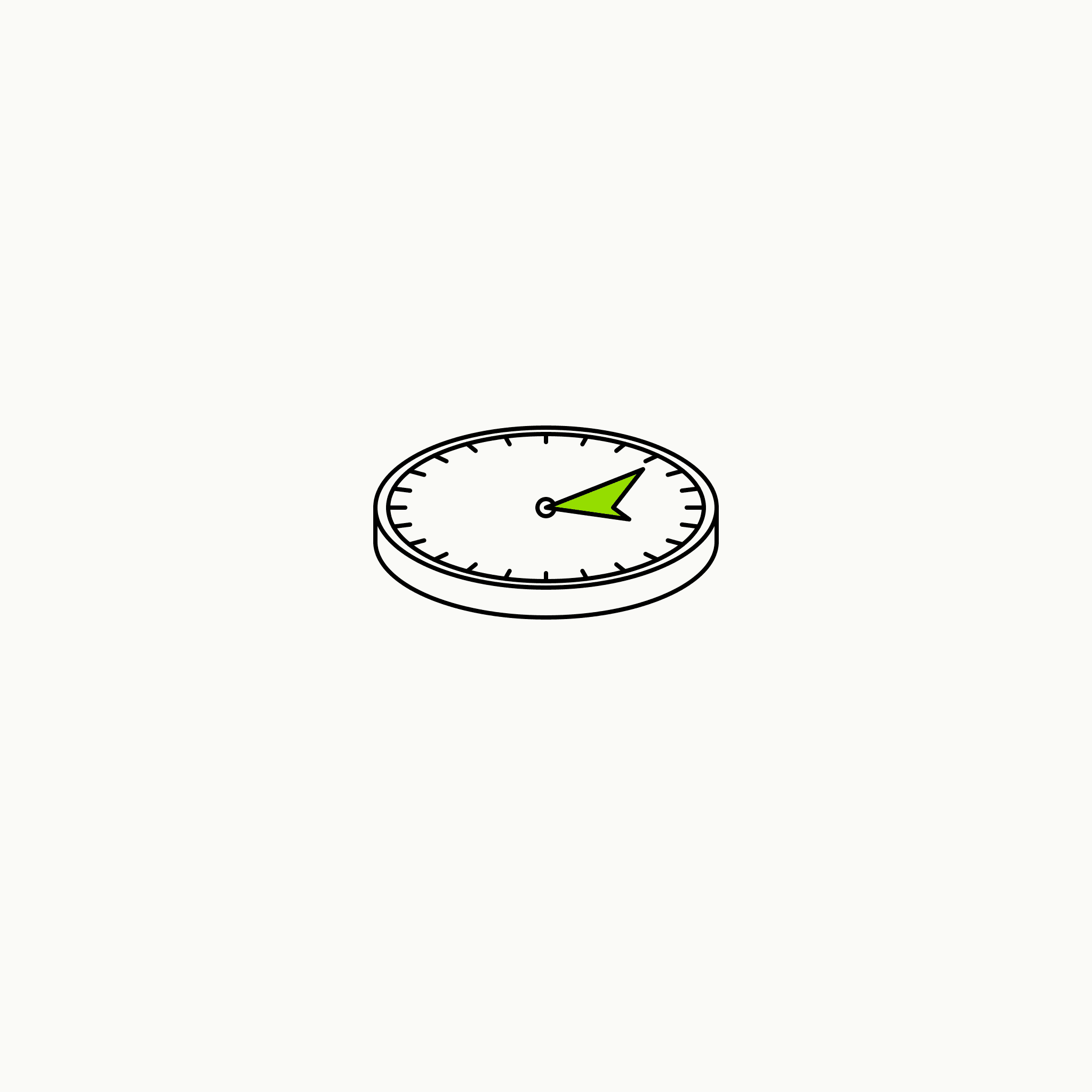 Isometric line drawing of a circular thermostat dial with a brand-green pointer, the glossary specimen for regulation strategy.