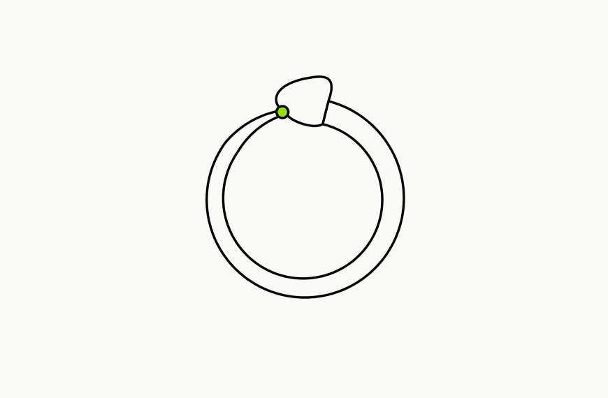 Isometric line drawing of an ouroboros, a snake biting its own tail, with a brand-green dot at the mouth-to-tail junction, the glossary specimen for the self-fulfilling prophecy.