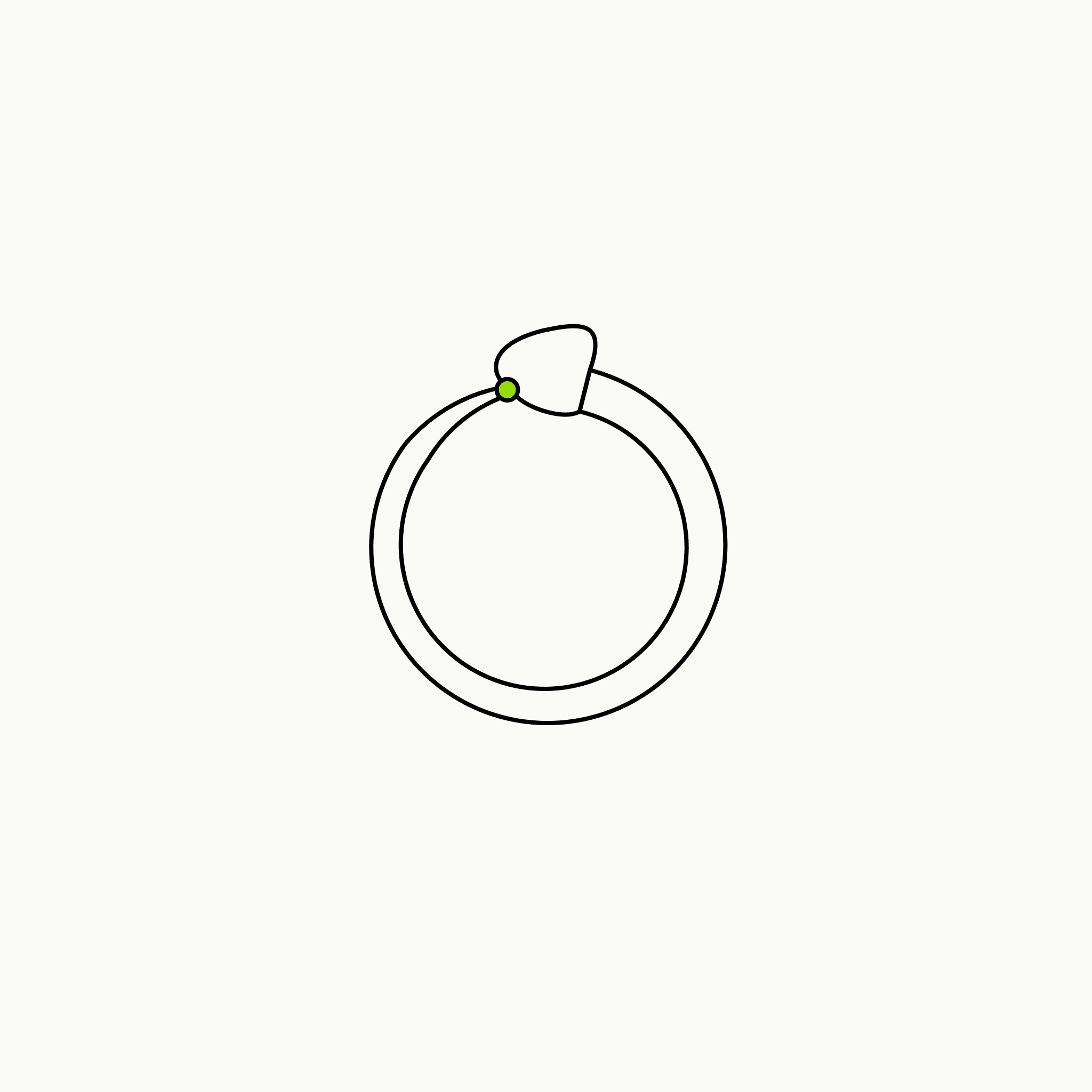 Isometric line drawing of an ouroboros, a snake biting its own tail, with a brand-green dot at the mouth-to-tail junction, the glossary specimen for the self-fulfilling prophecy.