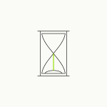 Isometric line drawing of an hourglass with a brand-green falling stream of sand, the glossary specimen for temporal pattern.