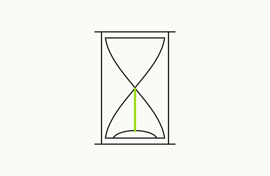 Isometric line drawing of an hourglass with a brand-green falling stream of sand, the glossary specimen for temporal pattern.