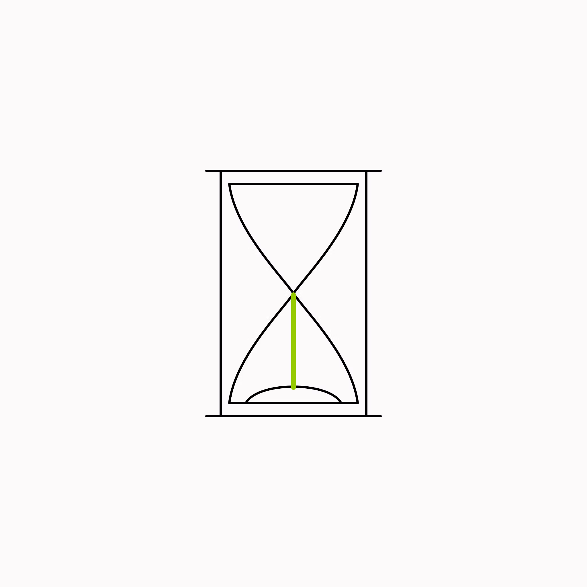 Isometric line drawing of an hourglass with a brand-green falling stream of sand, the glossary specimen for temporal pattern.