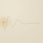 Abstract editorial illustration of insomnia: a warm amber wave that oscillates then flattens into a still cool teal line on warm paper, evoking a disrupted sleep rhythm losing momentum.