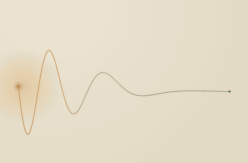 Abstract editorial illustration of insomnia: a warm amber wave that oscillates then flattens into a still cool teal line on warm paper, evoking a disrupted sleep rhythm losing momentum.
