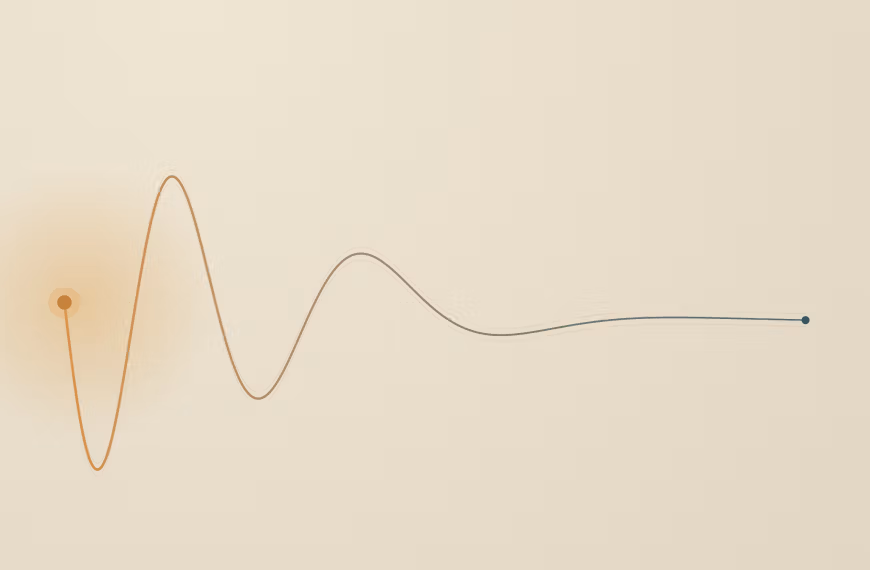 Abstract editorial illustration of insomnia: a warm amber wave that oscillates then flattens into a still cool teal line on warm paper, evoking a disrupted sleep rhythm losing momentum.