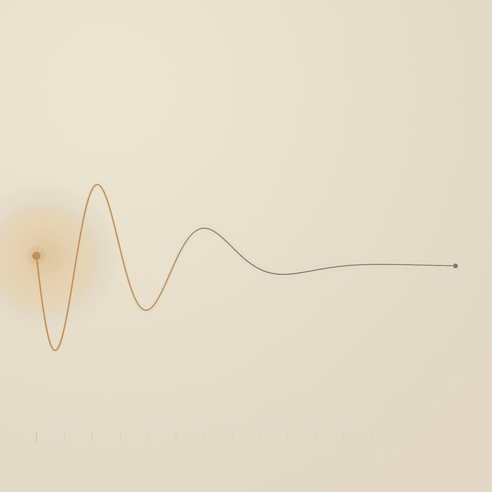Abstract editorial illustration of insomnia: a warm amber wave that oscillates then flattens into a still cool teal line on warm paper, evoking a disrupted sleep rhythm losing momentum.