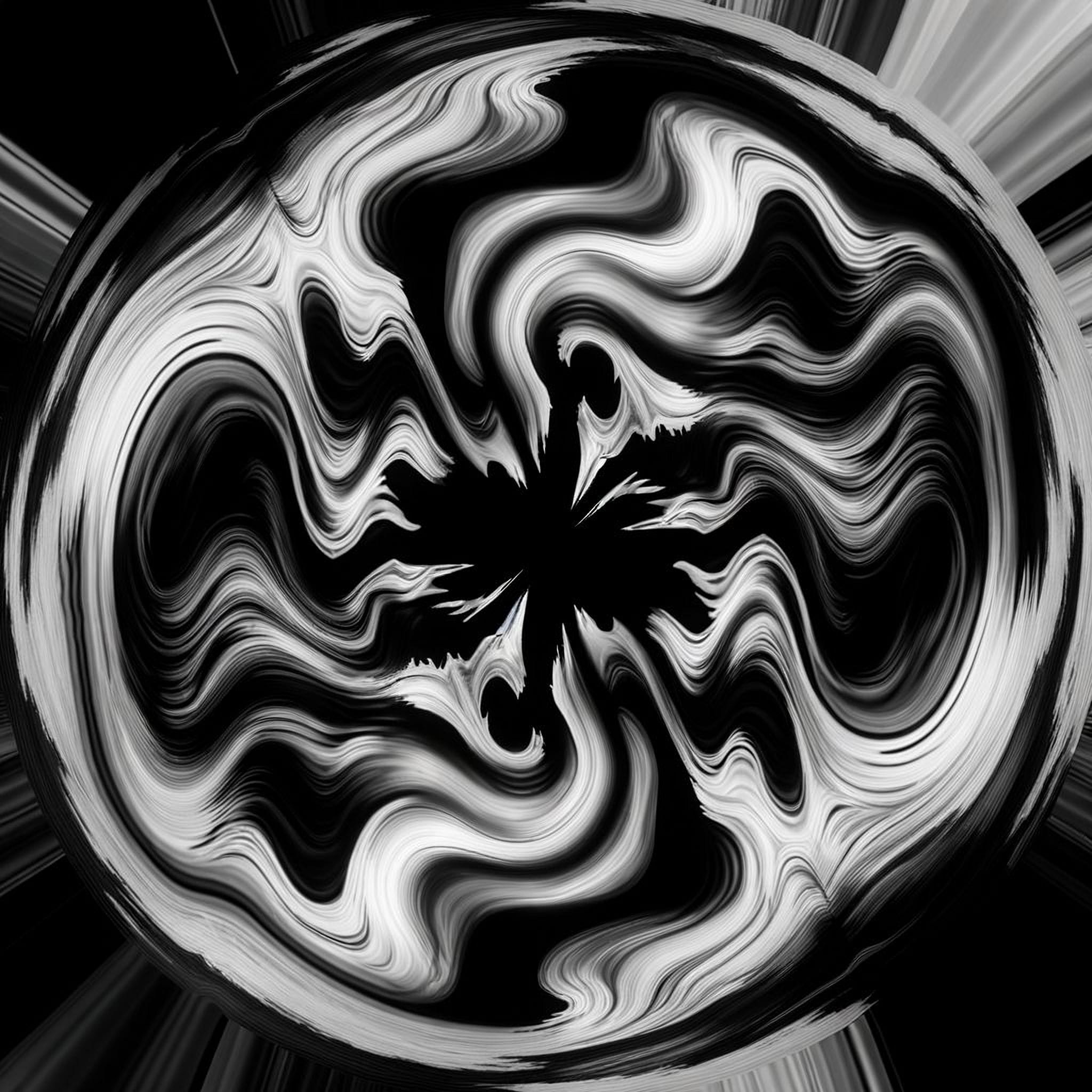An abstract monochrome image depicting oscillating lines forming a central vortex, symbolizing the emotional pull of self-evaluation in body-image contexts.