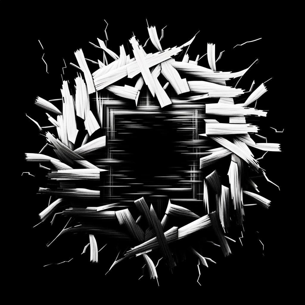 A monochrome abstract with a dense central core and fragmented outer lines, symbolizing postpartum identity compression and self-loss.