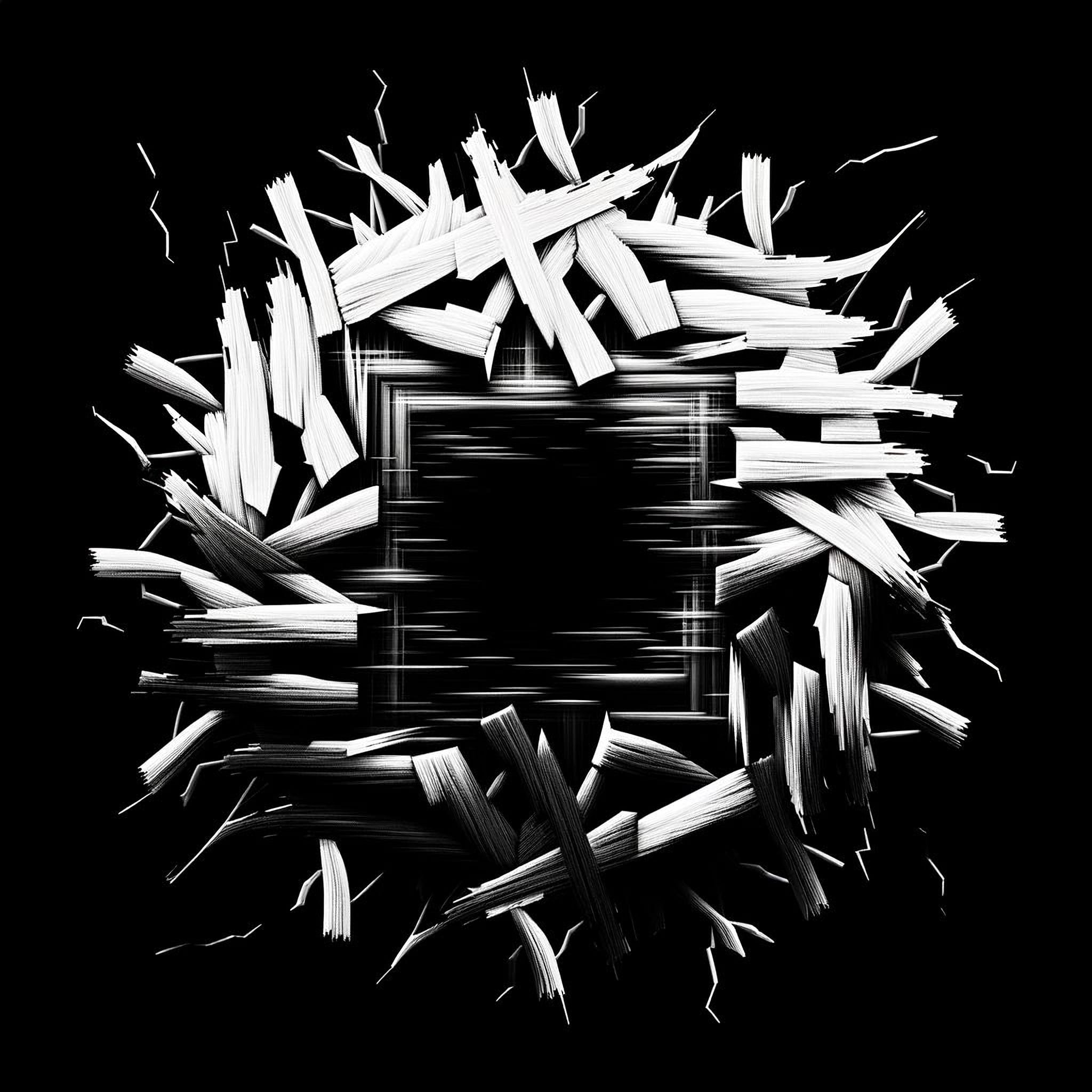 A monochrome abstract with a dense central core and fragmented outer lines, symbolizing postpartum identity compression and self-loss.