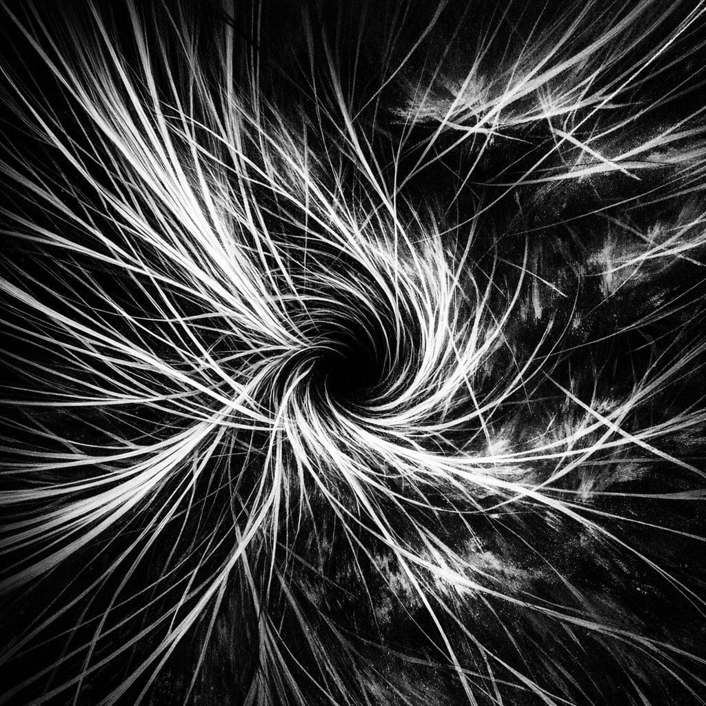Monochrome abstract representation of grieving for unrealized selves, with intertwining lines converging at a central point.