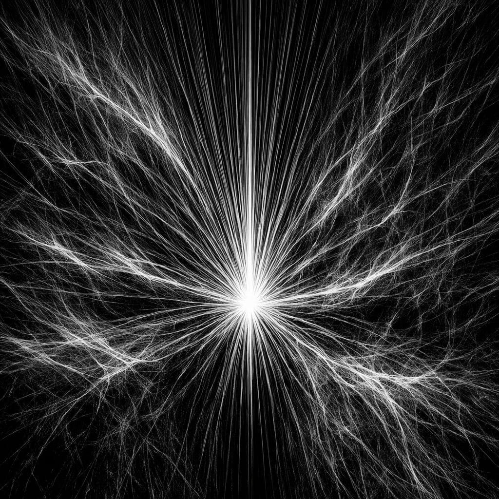 Monochrome abstract image with converging and branching lines, symbolizing reliable identity and unshared emotion.