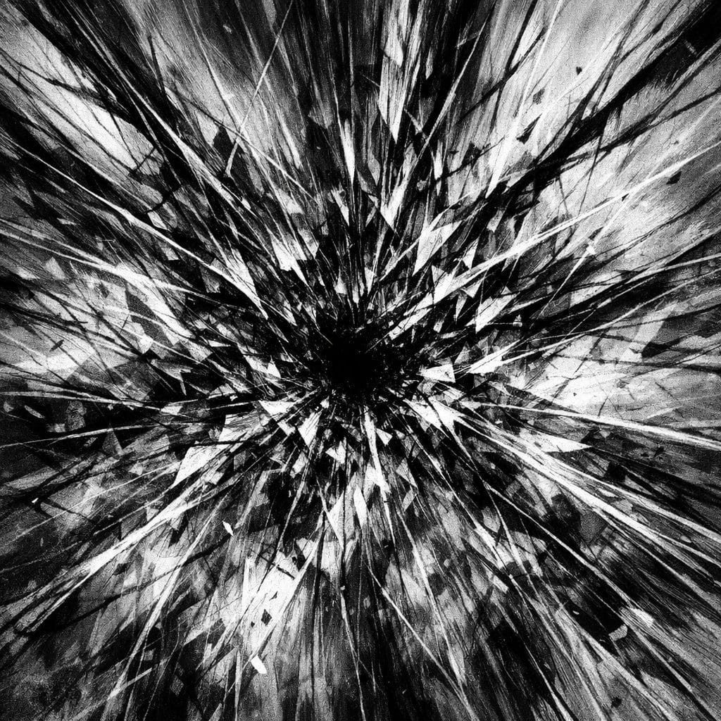 An abstract monochrome image with converging and branching lines, suggesting instability and tension.