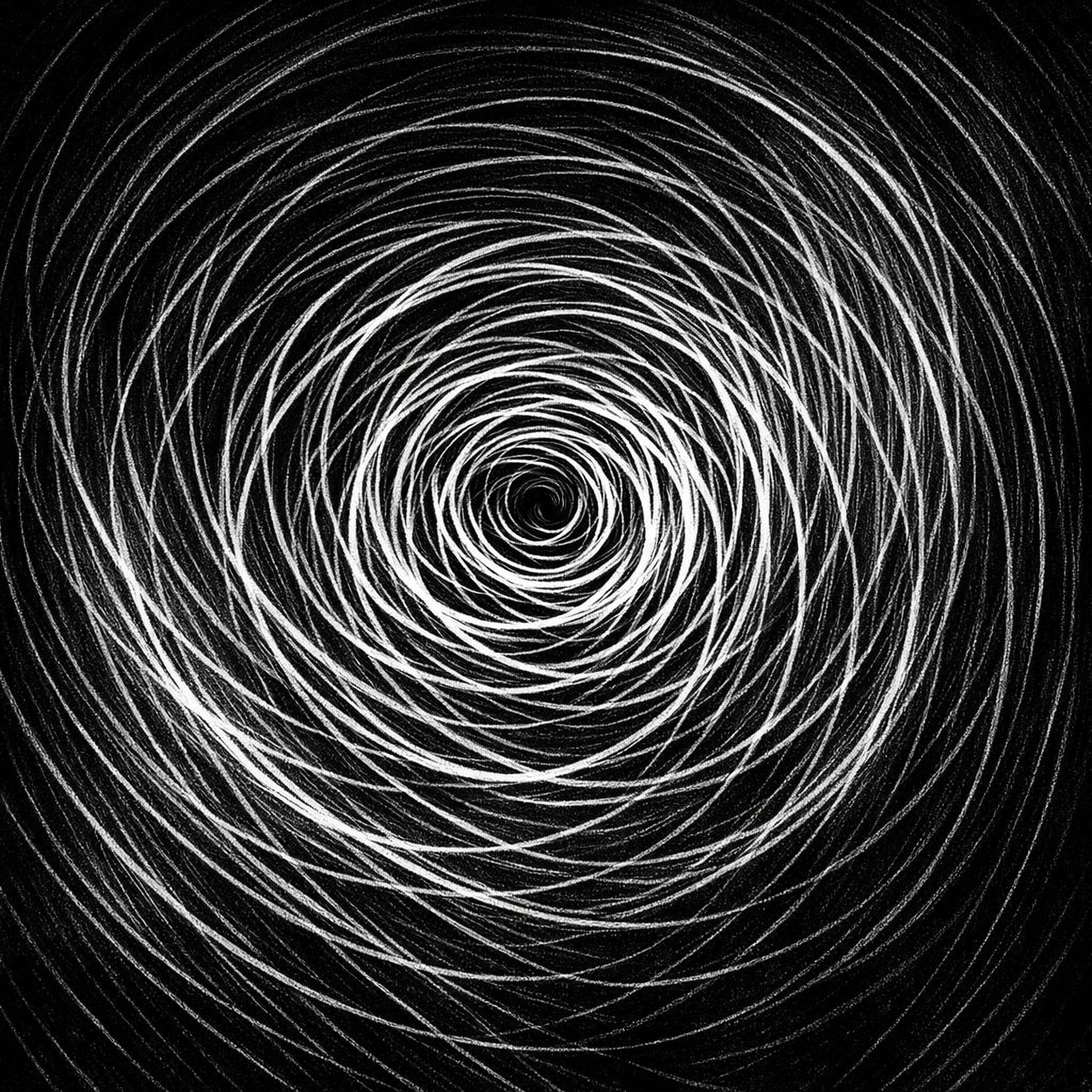 A monochrome abstract image representing replaying conversations, featuring dense circular lines with a central core.