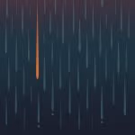 Abstract editorial illustration — vertical rain streaks against a deep eggplant and navy gradient sky, with a single warm orange streak threading through the centre and faint gold light at the base. Pacific Northwest mood for the ShiftGrit Vancouver therapy pillar.