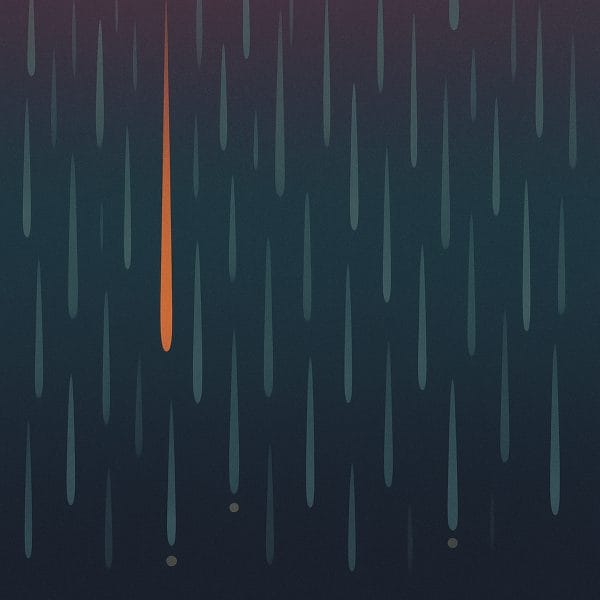 Abstract editorial illustration — vertical rain streaks against a deep eggplant and navy gradient sky, with a single warm orange streak threading through the centre and faint gold light at the base. Pacific Northwest mood for the ShiftGrit Vancouver therapy pillar.