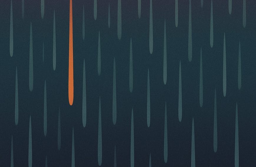 Abstract editorial illustration — vertical rain streaks against a deep eggplant and navy gradient sky, with a single warm orange streak threading through the centre and faint gold light at the base. Pacific Northwest mood for the ShiftGrit Vancouver therapy pillar.