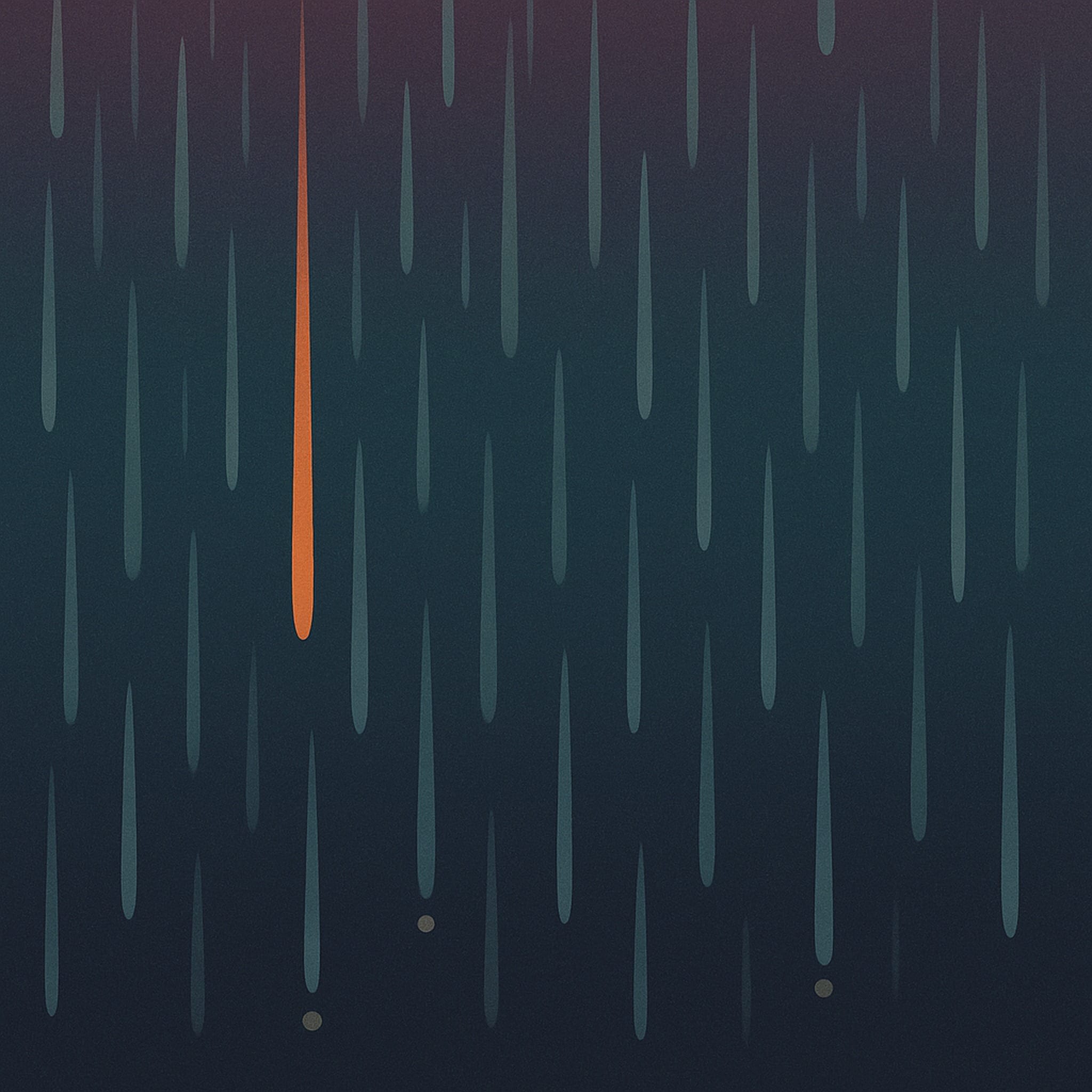 Abstract editorial illustration — vertical rain streaks against a deep eggplant and navy gradient sky, with a single warm orange streak threading through the centre and faint gold light at the base. Pacific Northwest mood for the ShiftGrit Vancouver therapy pillar.