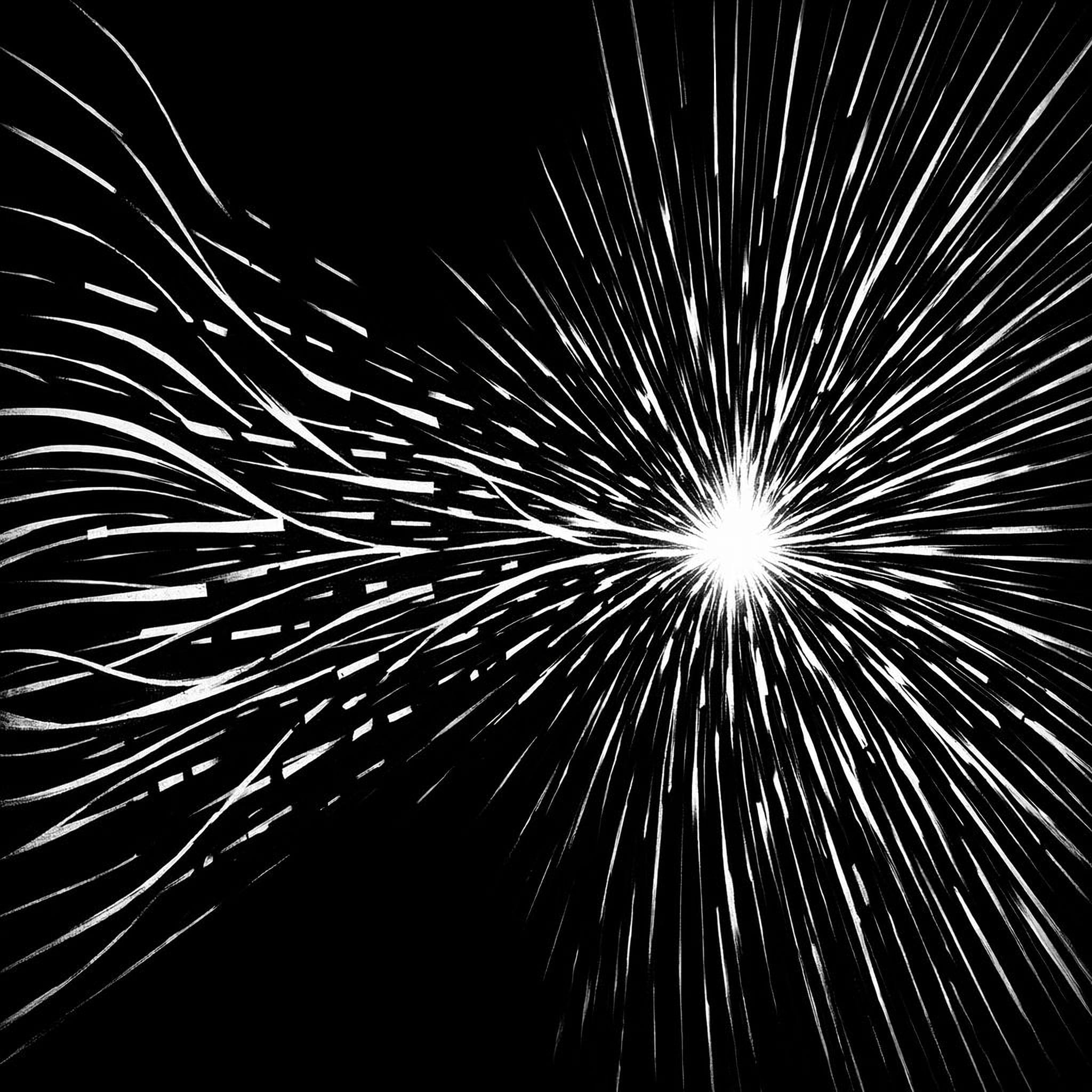 Monochrome abstract image with interrupted flow lines converging into a dense focal area, symbolizing procrastination and tension.