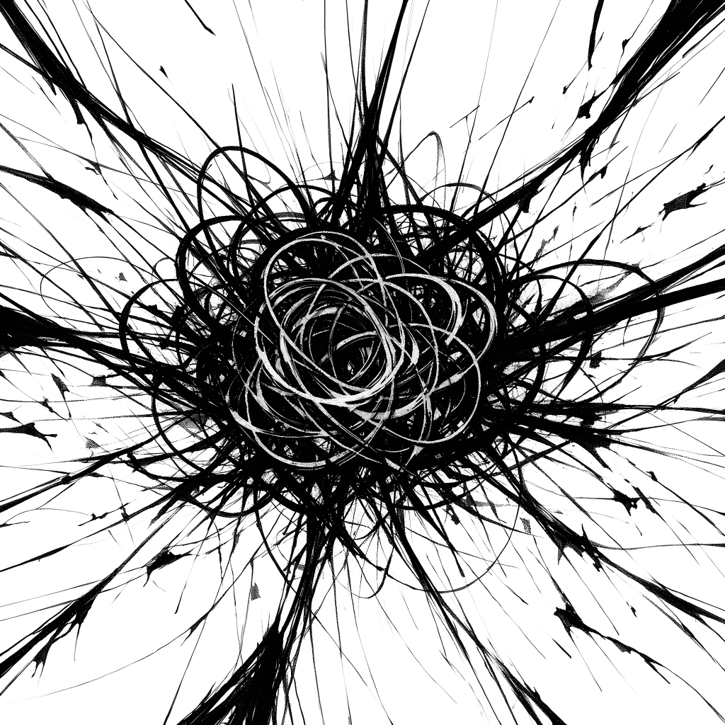 Monochrome abstract depicting emotional tension as loops and spirals converge at the center.