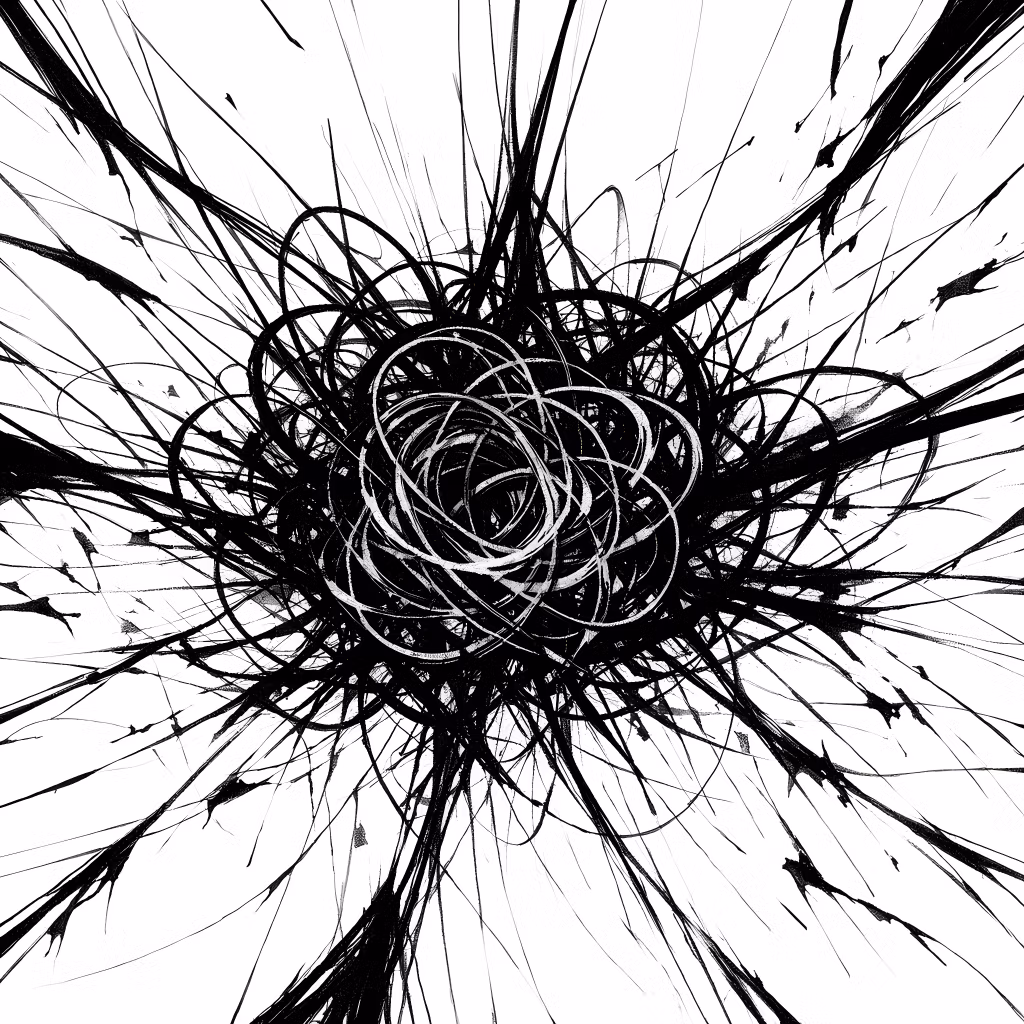 Monochrome abstract depicting emotional tension as loops and spirals converge at the center.