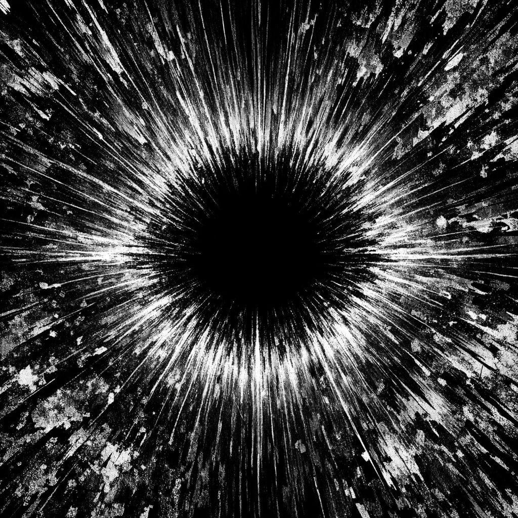 Monochrome abstract image with radial lines and central compression representing self-worth anxiety linked to hairline changes.