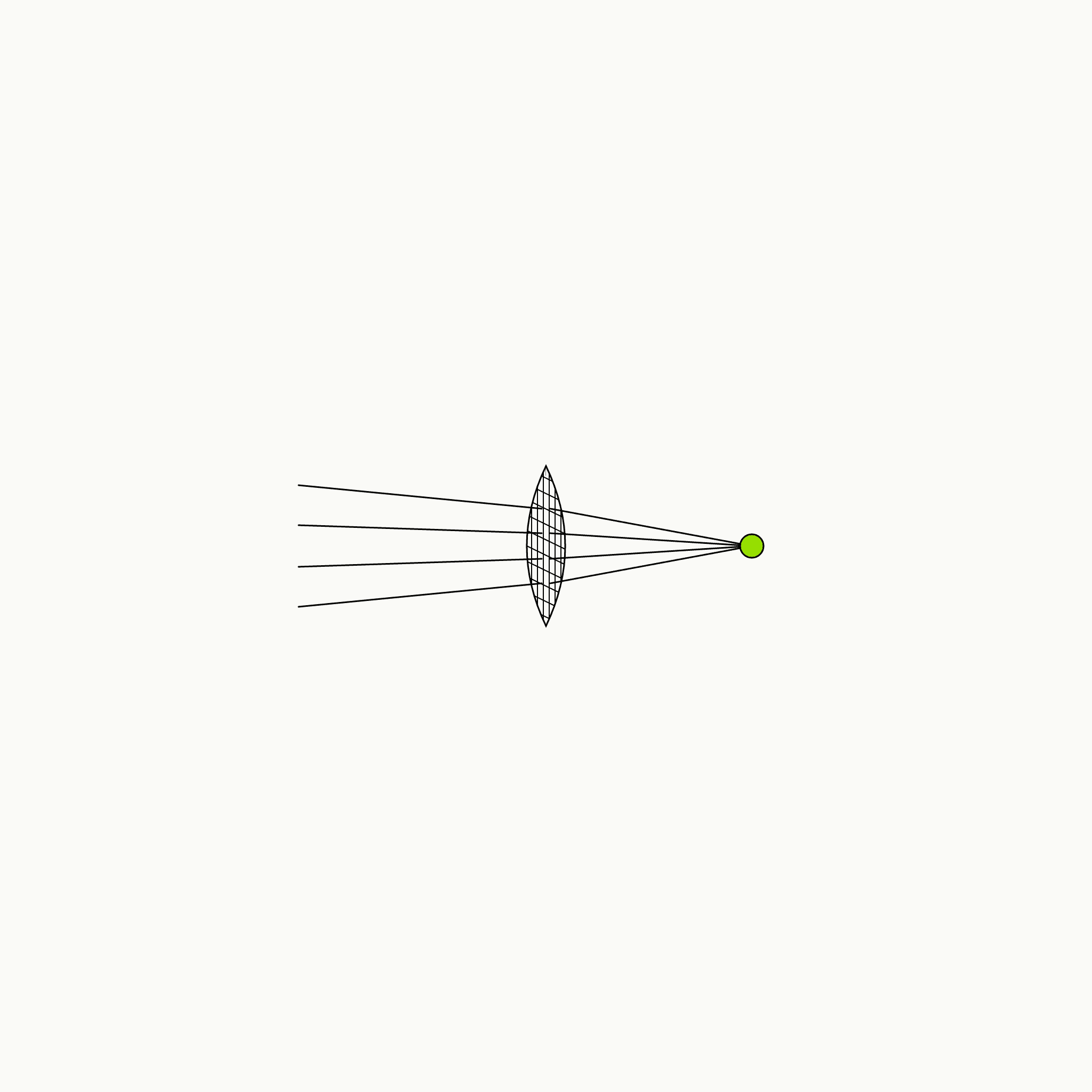 Editorial engraving-style line illustration of a small, soft light beam passing through a modest cross-hatched lens and resolving to its first clear green focal point, representing early, gentle support helping a young person find clarity in child and teen therapy.