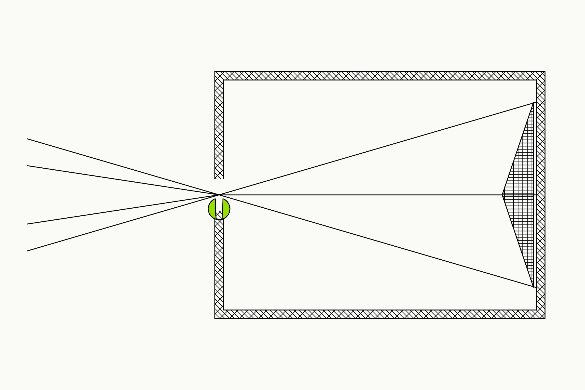 Editorial engraving-style line illustration of light entering a sealed cross-hatched box through a single green keyhole, crossing and inverting to project the hidden contents onto the inner wall, representing ShiftGrit revealing the limiting belief sealed inside a pattern.
