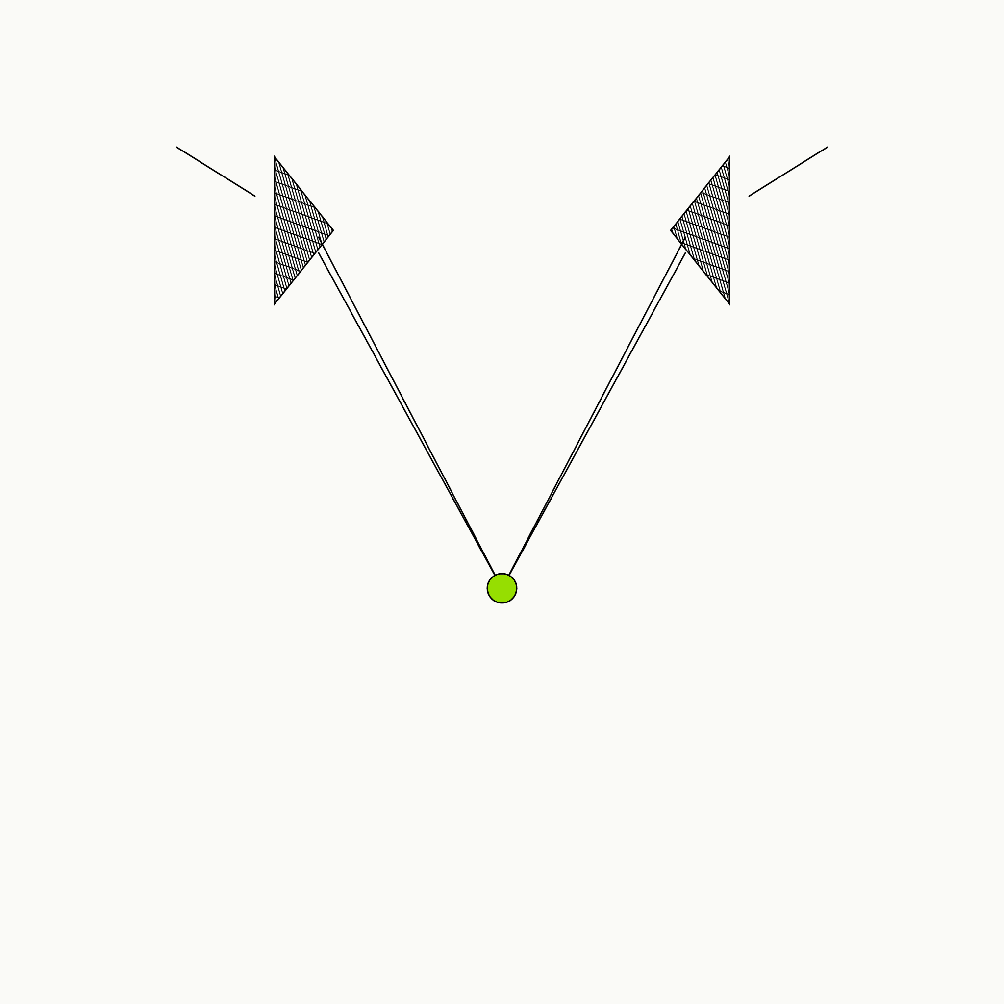 Editorial engraving-style line illustration of two separate light beams, each passing through its own hatched prism, converging to meet at a single green point, representing two partners meeting at a shared centre in couples therapy.