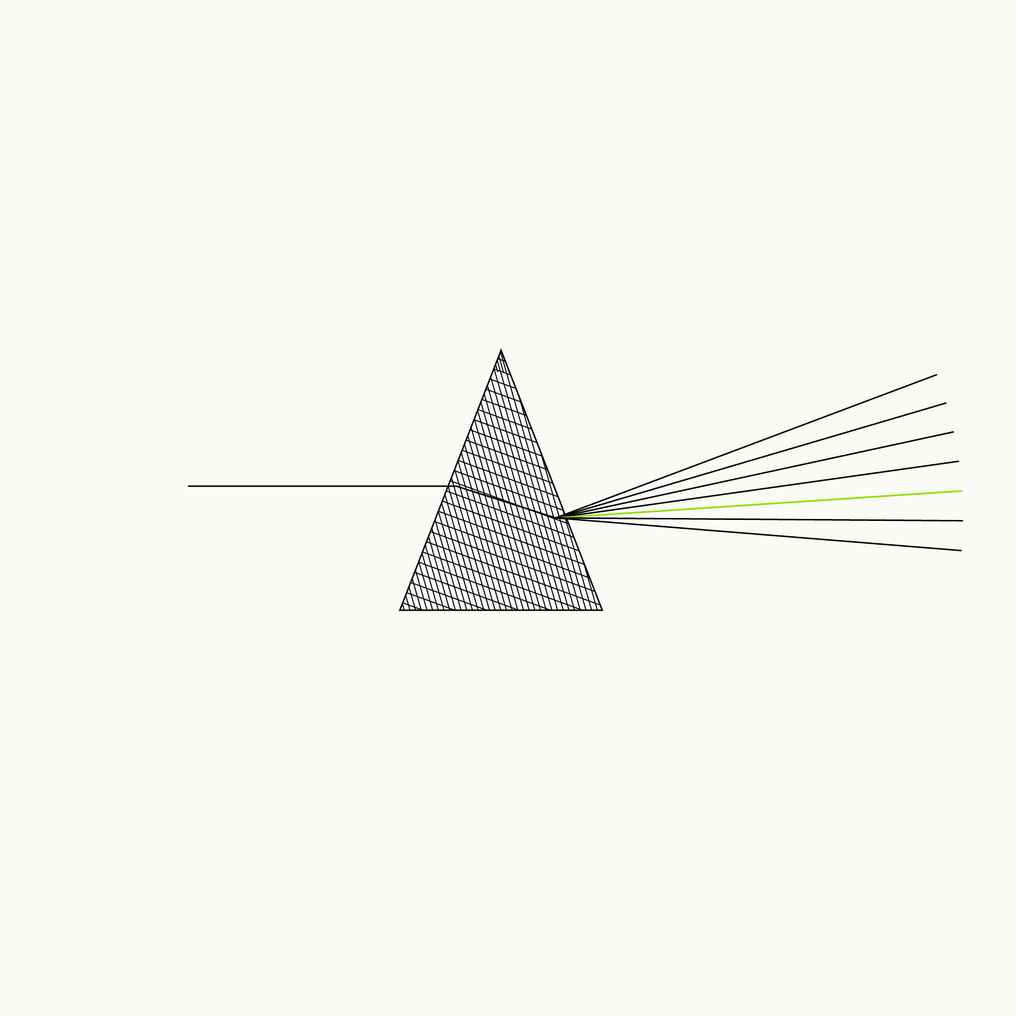 Editorial engraving-style line illustration of a single white light ray entering a densely cross-hatched triangular prism and dispersing into a fan of distinct rays, one of them green, representing self-acceptance as the revealing of a full, natural spectrum in LGBTQ2+ counselling.