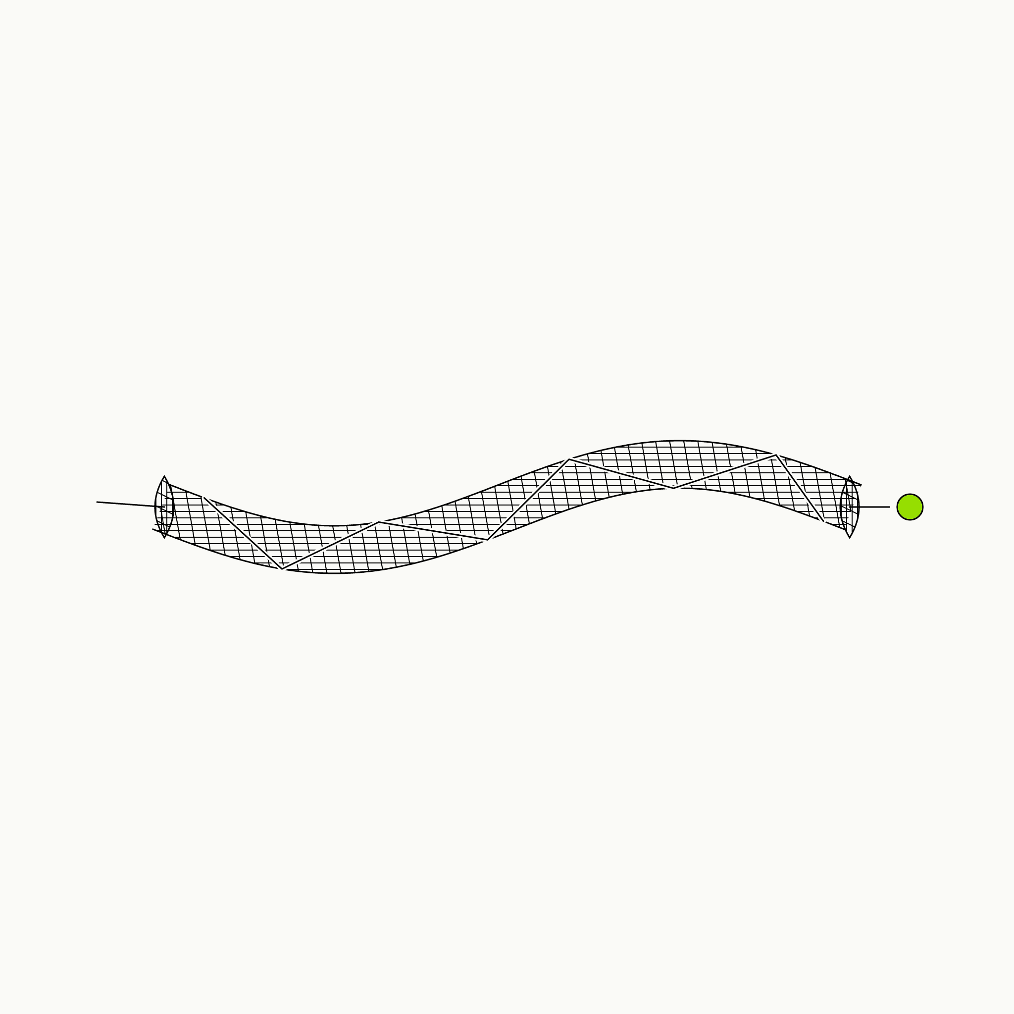 Editorial engraving-style line illustration of light guided intact through a long cross-hatched optical fibre that spans the frame and arrives at a single green point on the far side, representing full-depth ShiftGrit therapy delivered faithfully across distance online.