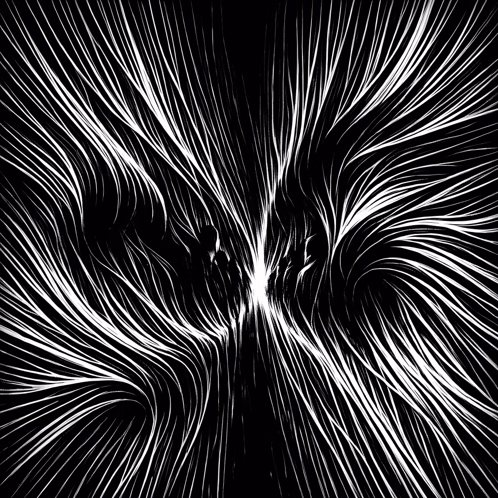 Abstract depiction of expecting rejection in group settings, illustrating convergence and tension through flowing lines.
