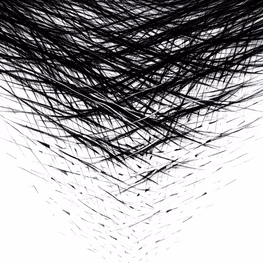 An abstract monochrome image depicting a transition from tightly compressed lines to a fragmented state, symbolizing the emotional release after sustained tension.