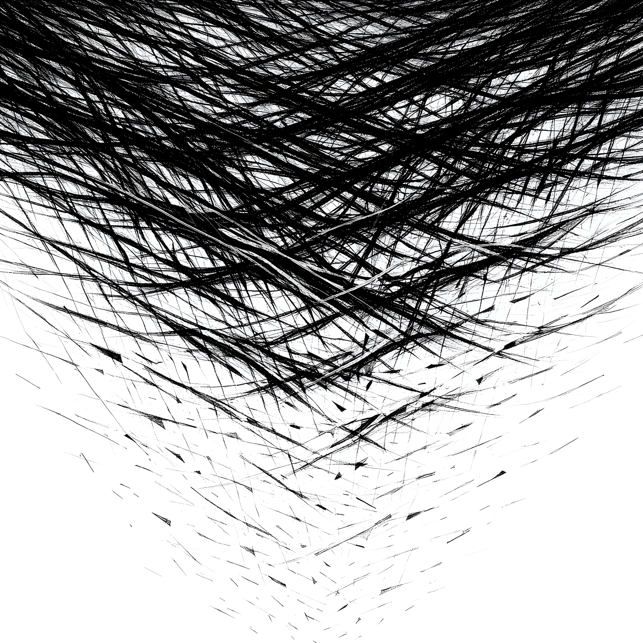 The Weekend Crash After Holding It Together - ShiftGrit Pattern Library An abstract monochrome image depicting a transition from tightly compressed lines to a fragmented state, symbolizing the emotional release after sustained tension.
